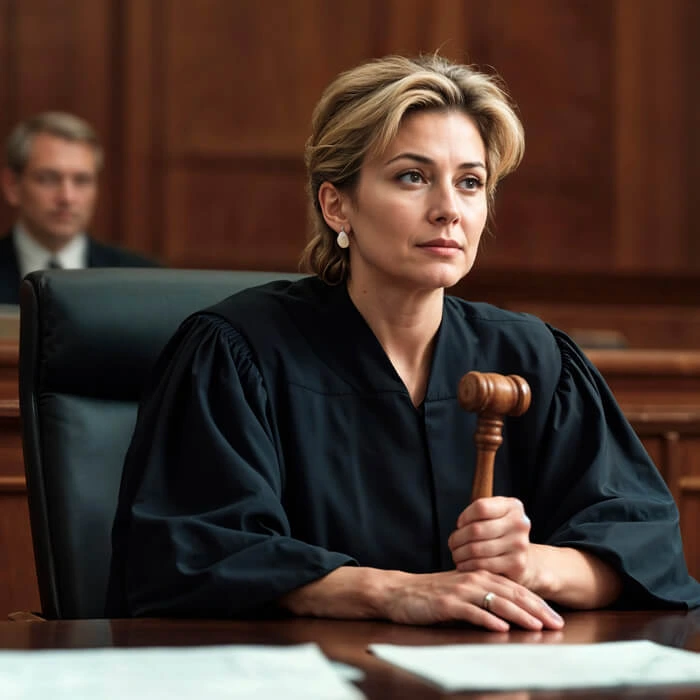 Smiling judge holding a book in front of a bookshelf